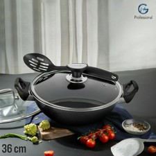 36 cm ANTIADERENTE DOPPIO 2 due manici Wok con Coperchio in Vetro Nero Profondo Padella