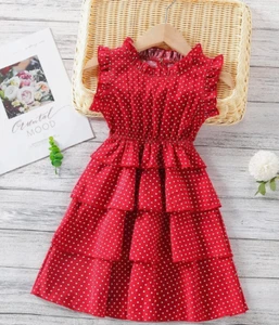 Abito bambina Shien bambino a pois scollo a volant a strati rosso taglia 130 cm 4-8 anni - Foto 1 di 19
