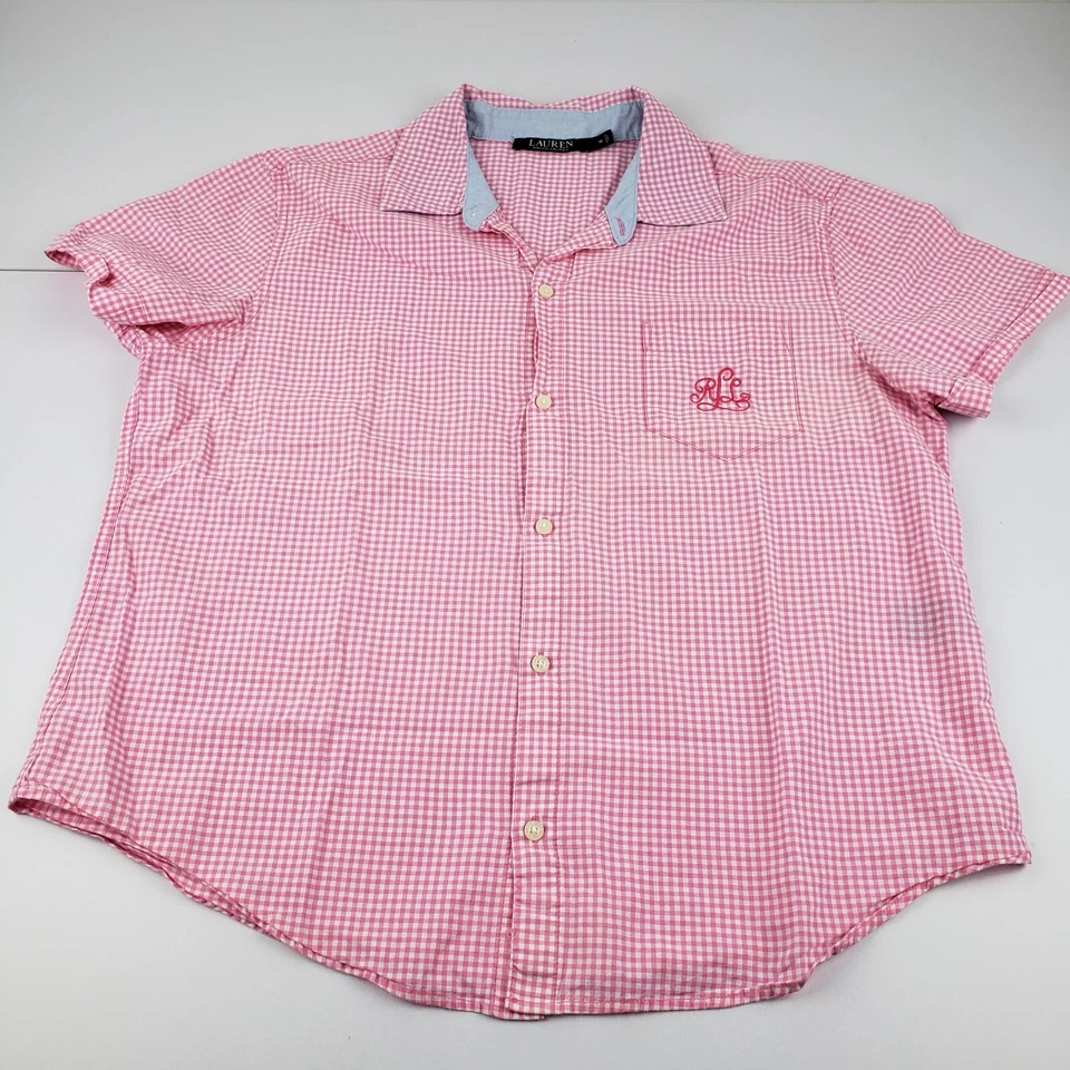 Blusa de pijama Lauren Ralph Lauren feminina média rosa xadrez branco monograma - Imagem 1 de 4