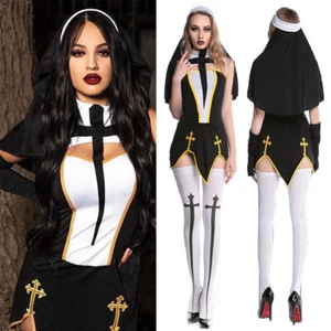 Sexy Nun Costume for Women - Halloween Sister Dress with Stockings & Cross - Picture 1 of 15