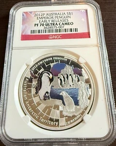2012 SILVER $1 Australian Antarctic Territory EMPEROR PENGUIN NGC PF 70 UC ER - Picture 1 of 1
