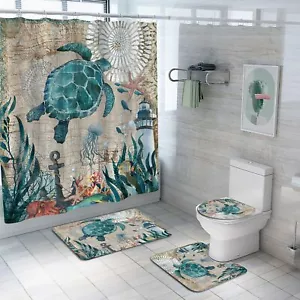 4Pcs Sea Turtle Shower Curtain Sets, Ocean Turtle Bathroom Sets with Shower C... - Picture 1 of 7