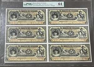 "Top POP" Sheet Of Mexico Banco De Sonora ND(1887-1911) 5 Pesos P#S419r2 PMG 64 - Picture 1 of 7