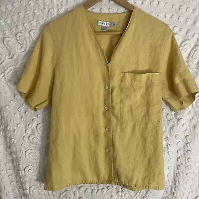 Tweeds Yellow Button Down Short Sleeve,  V-Neck Womens Blouse, Small, 100% Linen - Image 1 of 4