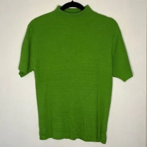 Crystal Kobe Vintage 90s Women's Green Mock Neck Short Sleeve Knit Sweater Sz L - Picture 1 of 7