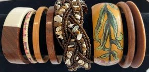 Lot 8 Piece Multicolor & Wood Floral Bangle Bracelet Jewelry Cuff Bracelets E26 - Picture 1 of 9