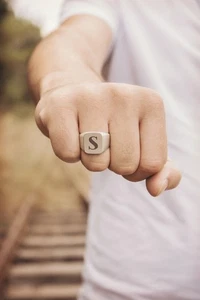 Square Signet Ring Thick Solid Silver Ring, extra wide ring thick heavy ENGRAVE - Picture 1 of 14