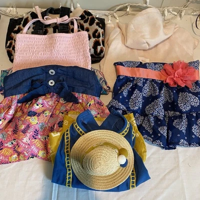 Dog clothes lot 6 pcs dresses, hat, overalls, jogging hoodie romper sz S/M and M - Image 1 of 4