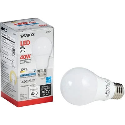 Satco 40W Equivalent Natural Light A19 Medium Dimmable LED Light Bulb S29834 - Image 1 of 4