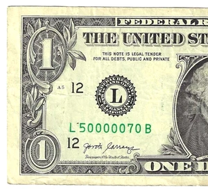 Fancy Serial Number $1 One Dollar Note, 3 Digits, 6 of a Kind, Sum of 12 - Picture 1 of 3
