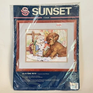 Sunset Crewel Kit Playtime Pets 1995 #11089 Puppy Kitten Sewing Basket - Picture 1 of 4
