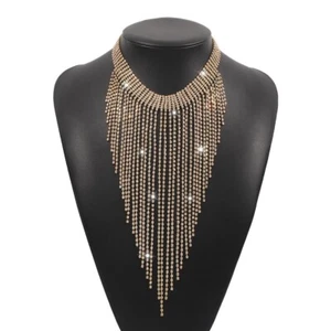 Bling Gold Crystal Long Drop Tassel Choker Necklace - Party Evening Statement - Picture 1 of 10