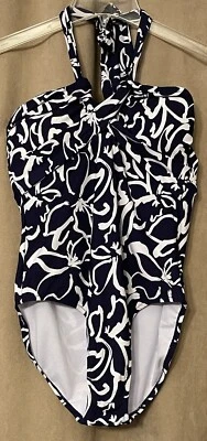 NWT Women’s Leilani V-neck Navy Blue Floral  8 Swimsuit Neck Tie Bandini $58 - Image 1 of 4