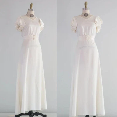 Vintage Wedding Dresses 1950s Ivory Satin V Neck Short Sleeves Retro Bridal Gown - Image 1 of 4