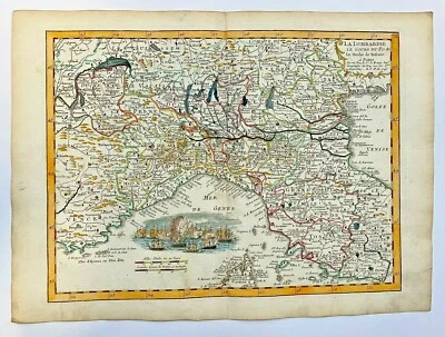 LOMBARDY ITALY GULF OF GENOA 1743 by LE ROUGE ANTIQUE ENGRAVED MAP 18TH CENTURY - Image 1 of 4