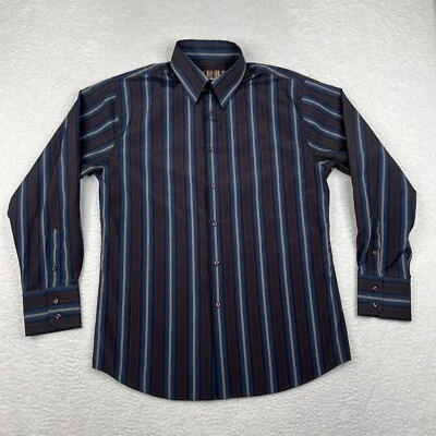 Camisa masculina Roar XL extra grande marrom listrada com botões manga longa casual - Imagem 1 de 4