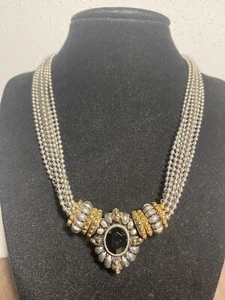VTG Cookie Lee Necklace Silver Tone Multi Strand Black Faceted Lucite Center - Picture 1 of 15