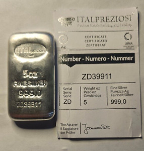 5 oz Silver Ital Preziosi Italy  .999 Fine Silver Bar  With Serial/Cert #ZD39911