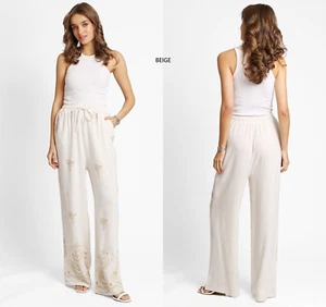 ComfyLuxe Paisley & Floral Pattern Embroidered Wide-Leg Linen Pants - Picture 1 of 9