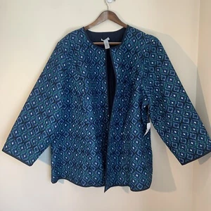 Catherines Womens Reversible Open Quilted Jacket 5X Blue Geometric Art to Wear - Picture 1 of 9