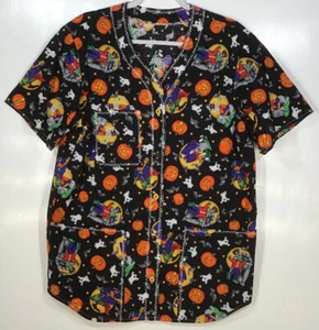 Halloween Scrub Top Damen Gr. M Medium Knopfleiste Geist Frankenstein Skelett - Bild 1 von 4
