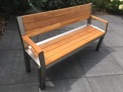 Teak-Edelstahl Gartenbank Bank Edelstahlbank Holzbank 1,6m - Bild 1 von 3