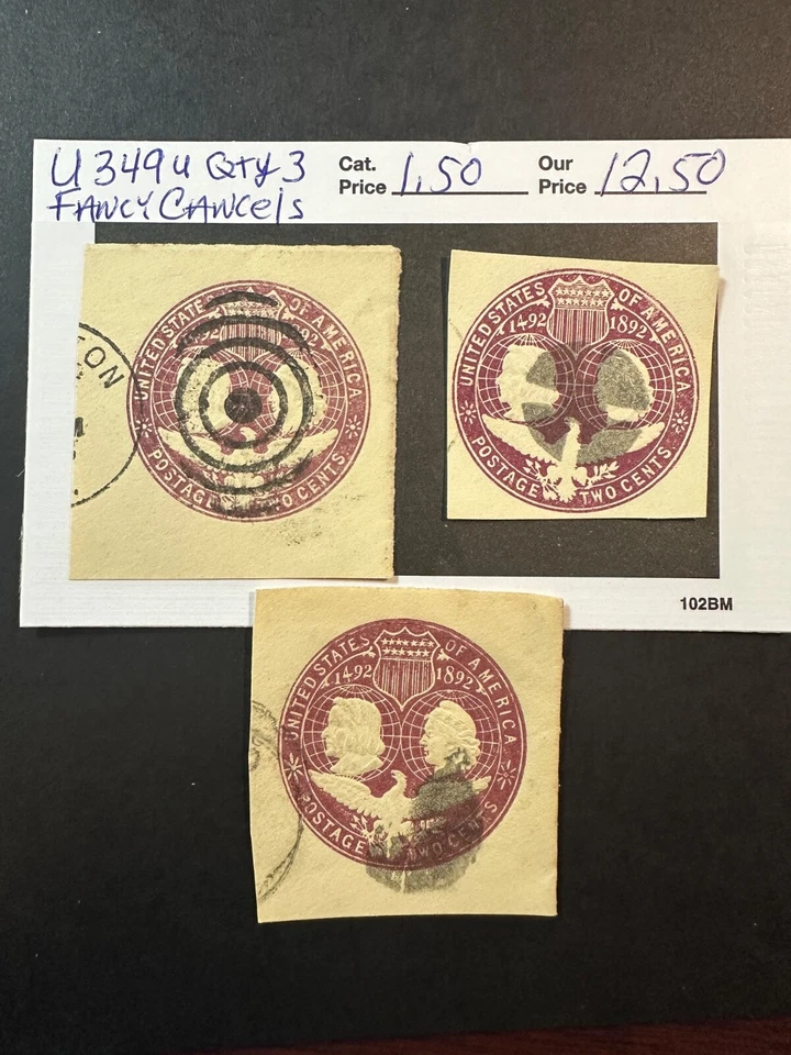 US Scott # U 348 (qty 3) Fancy Cancels 2024 Scott Catalogue Value $ 1.50 - Image 1 of 3