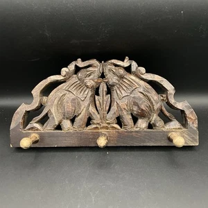 Hand Carved Wood Trunk Up Elephants Hat Coat Wall Mounted Rack Good Luck Fortune - Picture 1 of 7