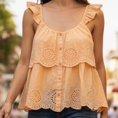 Derek Heart Peach Eyelet Tiered Ruffle Strap Button Front Tank Top Women Size S - Image 1 of 4