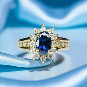 10K Gold - natürlicher Saphir & Halo Diamant Ring - Größe 5,5 - 1 Karat T.W. -3g - Bild 1 von 23