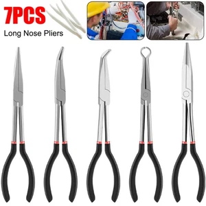 7Pcs 11" Long Reach Nose Pliers Straight Bent Tip Mechanic Equipment Hand Tool - Picture 1 of 18