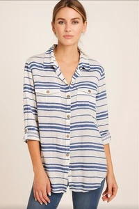 Túnica Dotti Top Mujer Azul Blanco Rayas Abotonada Playa Boho Bolsillos Talla M - Imagen 1 de 7