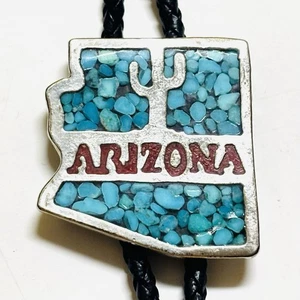 Corbata Bolo Vintage Southwestern Plateada Turquesa Cuero Arizona - Imagen 1 de 3