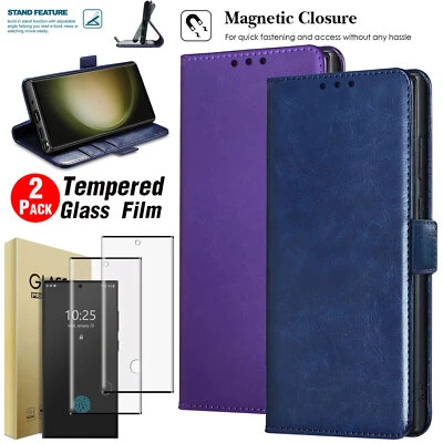 For Samsung Galaxy S23 Ultra 5G Leather Case Flip Card Slot Cover Tempered Glass - Image 1 of 4