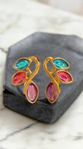 Trifari TM Vintage Ohrringe rosa blau lila Cabochon signiert geometrisch - Bild 1 von 5