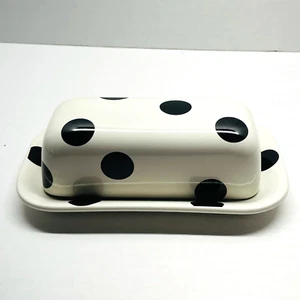 Kate Spade Deco Dot Covered Butter Dish Lenox White Black Polka Dot L856724 - Picture 1 of 13