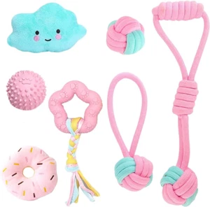7Pcs Small Dog & Puppy Toys Set - Natural Cotton Rope, Squeaky Plush, Teething T - Picture 1 of 6