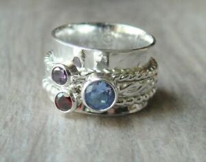 Blue Topaz, Amethyst Spinner 925 Sterling Silver Ring Handmade Jewelry EC-679