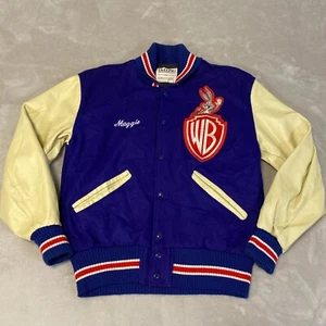 Vintage 90's Warner Bros Records Varsity Jacket Leather Wool Bugs Bunny Mens S - Picture 1 of 20
