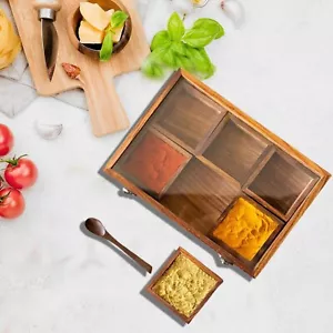 Wooden Masala Box For Kitchen Spice Box With Spoon 6 Large Containers - Picture 1 of 5