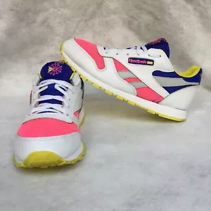 Reebok Classic Leather CL Sneakers, Men's 5.5 (White/Pink/Blue/Yellow) - Picture 1 of 9