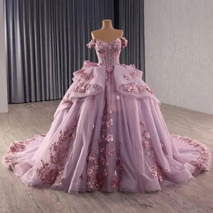 Puffy Quinceanera Dresses Ball Gown Off The Shoulder Floral Pearls Mexican Sweet - Picture 1 of 11