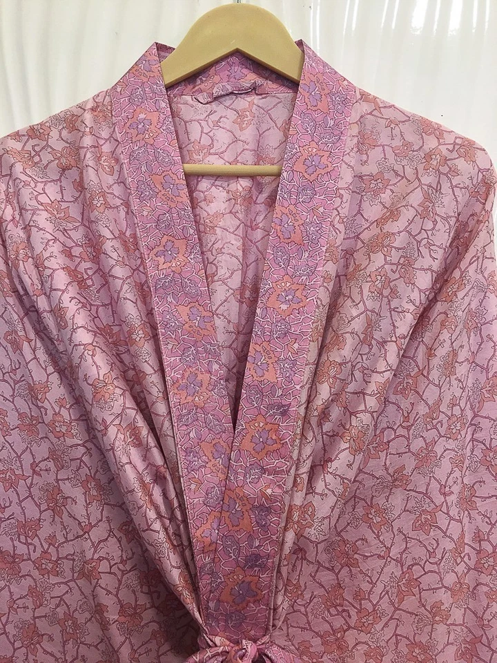 Roupão quimono midi seda pura comprimento do joelho vestido quimono de seda rosa MKMO2226 - Imagem 1 de 4