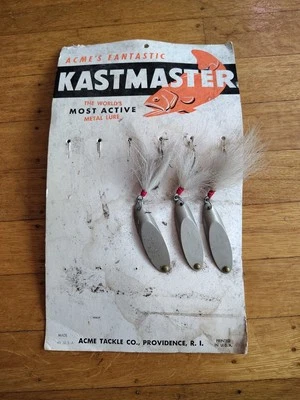 Iscas de metal vintage Acme Kastmaster X3 prata no cartão equipamento de pesca - Imagem 1 de 3
