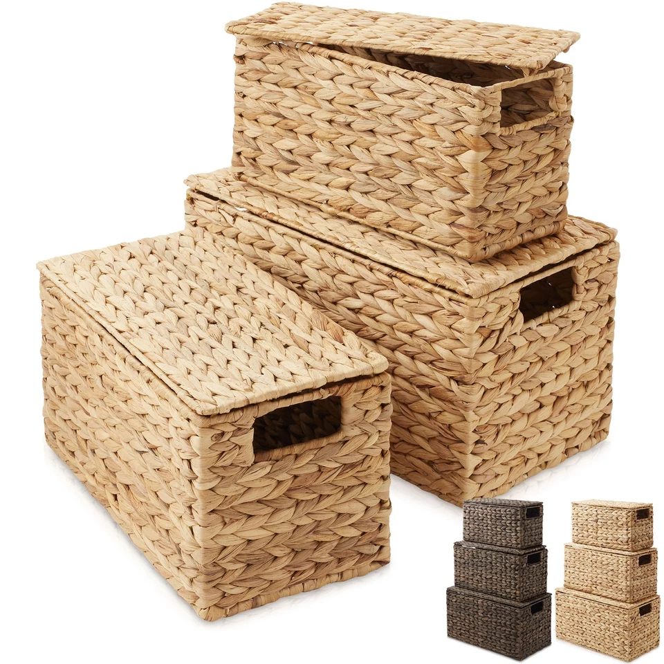 Juego de cestas de anidación de jacinto de 3 piezas, contenedores de mimbre de almacenamiento apilables con tapas Foto 1 de 1