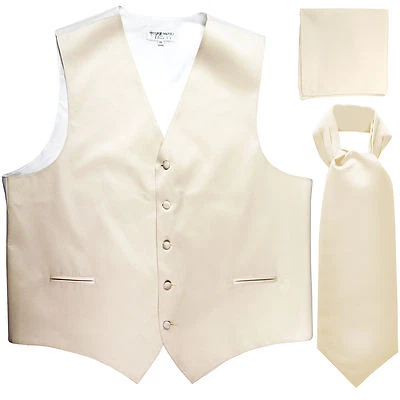 New Men's Ivory formal vest Tuxedo Waistcoat ascot & hankie set prom wedding - Image 1 of 4
