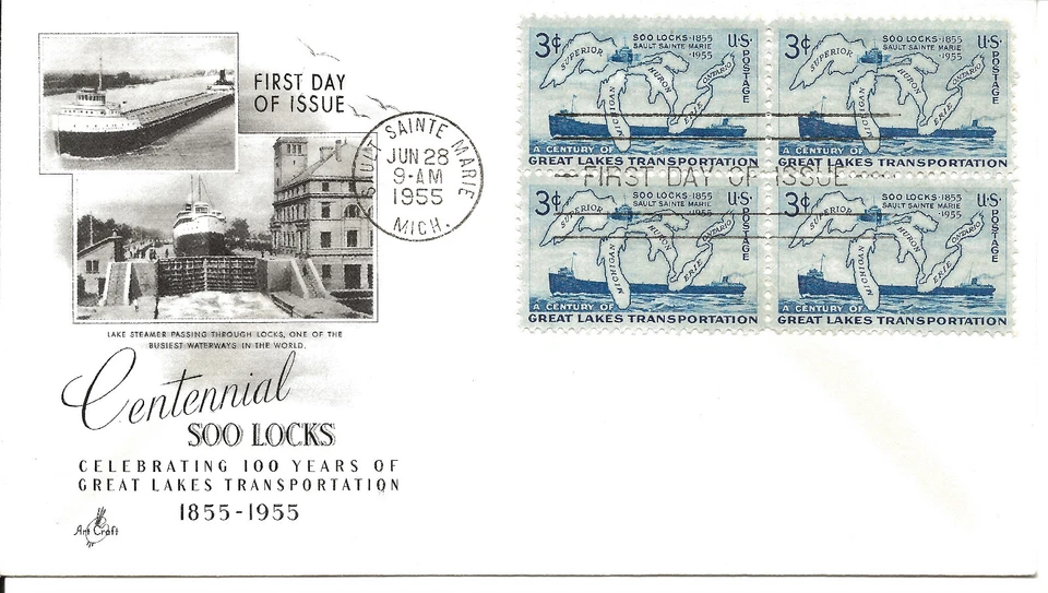 US Scott #1069, First Day Cover 6/28/55 Sault Sainte Marie Block Soo Locks - Image 1 of 1