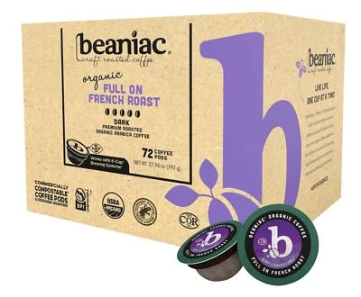 beaniac Organic French Roast Coffee Pods Dark Roast 72 Count K Cups - Image 1 of 4