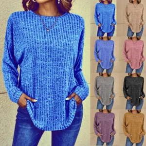 Ladies Holiday Casual T-shirt Thin Jumper Long Sleeve Stretchy Plain Pleated Top - Picture 1 of 19