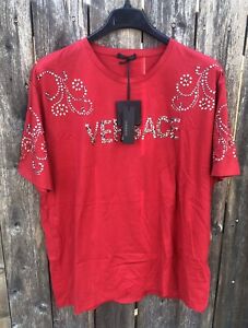 NWT $895 Versace Metal Embellished Logo Studded T-Shirt Red Sz 5XL